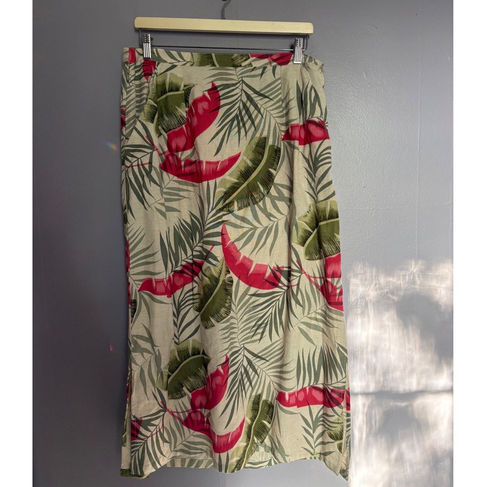Deadstock‎ Kaktus USA Tropical Palm Print Linen Blend Midi Skirt XL Pink Natural